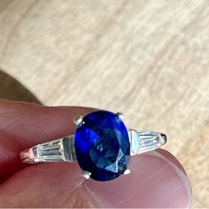 Sterling silver engagement promise ring w/oval sapphire center and cz accents